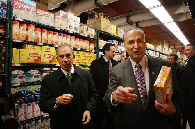 Bloomberg and Schumer shop in the newly reopened Fairway Market on the waterfront in Red Hook in March 2013. Fairway closed after severe flooding during Hurricane Sandy.