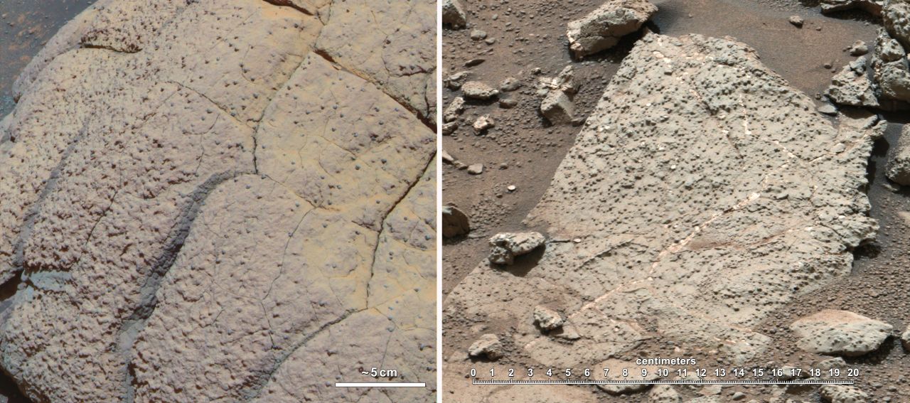 The rock on the left called Wopmay was discovered by rover Opportunity, which arrived in 2004. On the right are rocks from Yellowknife Bay, where rover Curiosity is currently situated. These newly-discovered rocks suggest water with a neutral pH, meaning hospitable to life.
