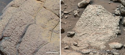 The rock on the left, called "Wopmay," was discovered by the rover Opportunity, which arrived in 2004 on a different part of Mars. Iron-bearing sulfates indicate that this rock was once in acidic waters. On the right are rocks from "Yellowknife Bay," where rover Curiosity was situated. These rocks are suggestive of water with a neutral pH, which is hospitable to life formation.