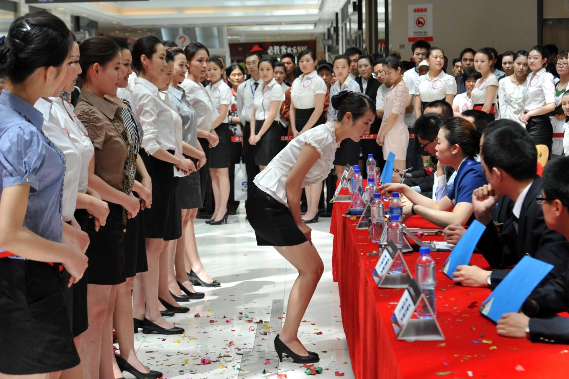 Chinese flight attendant hopefuls at an interview for China Southern airlines in Beijing. 