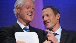 Bill Clinton (L), former President of the US and Lance Armstrong (R), Founder and Chairman of the Board,Lance Armstrong Foundation at the Clinton Global Initiative (CGI) smile September 24, 2008 in New York. The three-day event will bring together global leaders to develop and then implement workable solutions to some of the world's most pressing challenges. AFP PHOTO/Stan HONDA (Photo credit should read STAN HONDA/AFP/Getty Images)