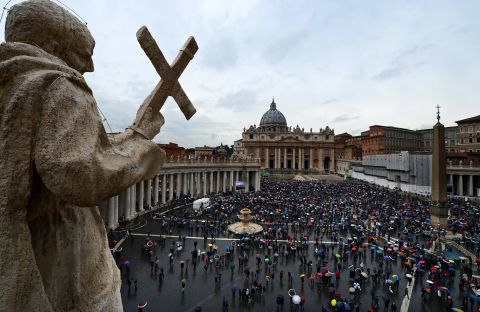 Crowds gather in St. Peter's Square on the second day of the conclave on March 13.