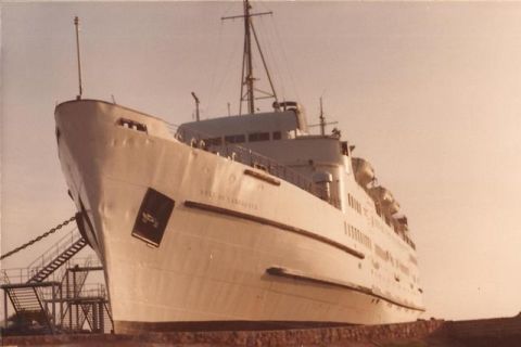 The vessel was converted into a car ferry in 1970. Eight years later she was destined for the scrap yard when four entrepreneurs -- John Rowley, Pat Scott, Trevor Scott and Ian Tobin -- bought her in the hope of creating a leisure center which, as a ship, would by-pass the UK's Sunday trading laws. 