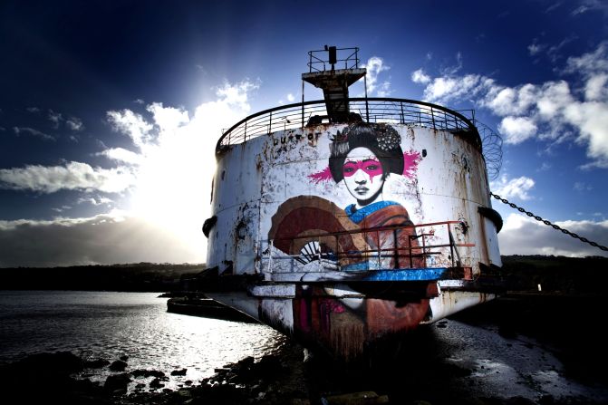 Irish artist <a href="index.php?page=&url=http%3A%2F%2Ffindac.tumblr.com%2F" target="_blank" target="_blank">Fin Dac</a>, created this piece, called "Mauricamai," which stretches the height of the ship's stern. "I create my art to keep myself happy. If others like it then that's a great by-product," he said.
