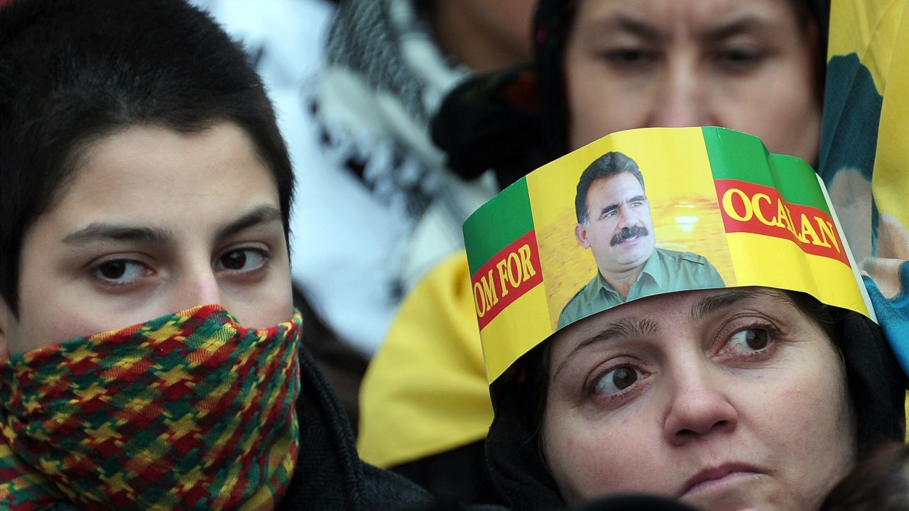 Abdullah Ocalan (pictured on headband) is the leader of the PKK, he was captured and imprisoned by Turkey in 1999. 
