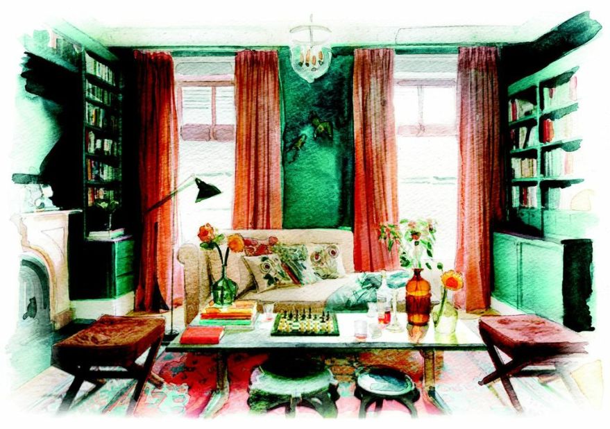 This room, designed by Ellen Hamilton, uses peacock blue and coral as major color players.