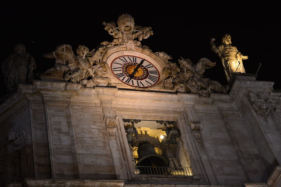 Bells ring at St. Peter's Basilica after white smoke billowed from the chimney.