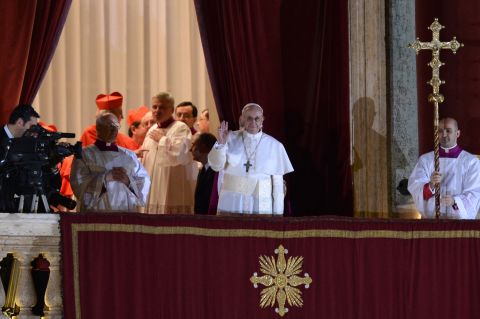 Pope Francis, the Argentinian Cardinal Jorge Mario Bergoglio, appears on the St. Peter's Basilica's balcony after being elected the 266th pope of the Roman Catholic Church on Wednesday, March 13, at the Vatican.