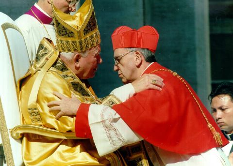 Pope John Paul II receives Cardinal Bergoglio, archbishop of Buenos Aires, Argentina, at the Vatican on February 21, 2001.