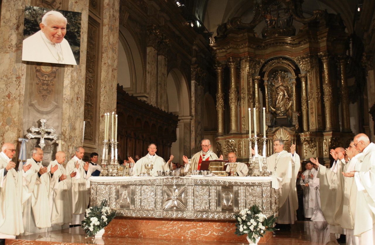 Cardinal Bergoglio, center, officiates a Holy Mass for the eternal rest of Pope John Paul II on April 5, 2005, at Buenos Aires' Metropolitan Cathedral.