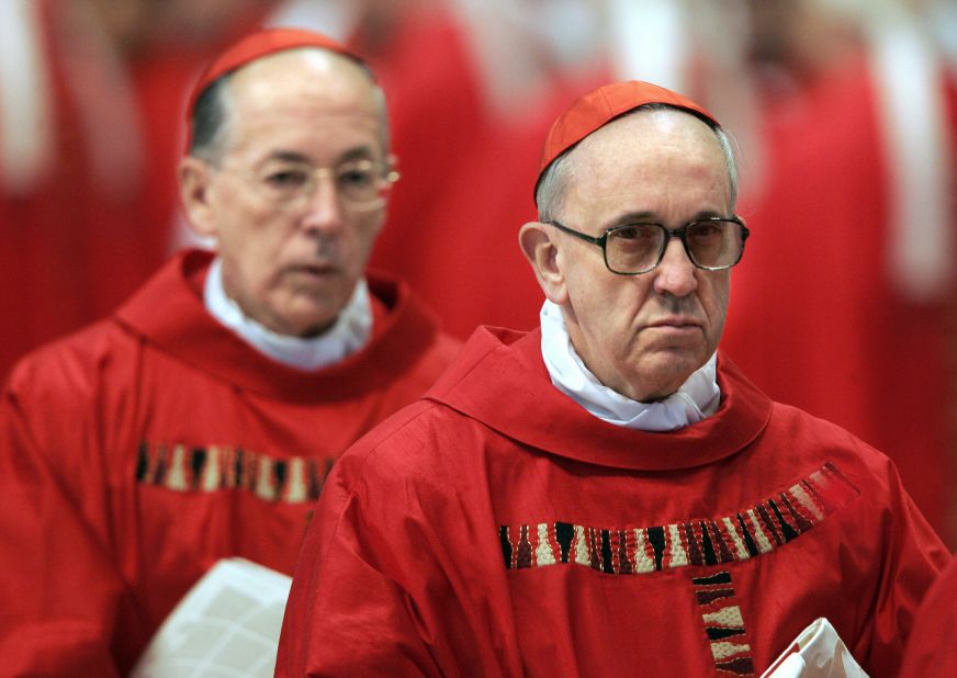 Bergoglio, right, and Peru's Cardinal Juan Luis Cipriani Thorne attend the special "pro eligendo summo pontifice" (to elect supreme pontiff) Mass in Vatican City in April 2005.
