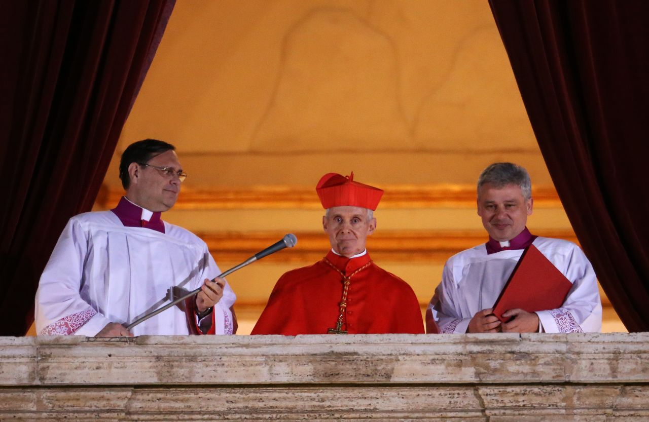 French Cardinal Jean-Louis Tauran, center, announces the new pope.