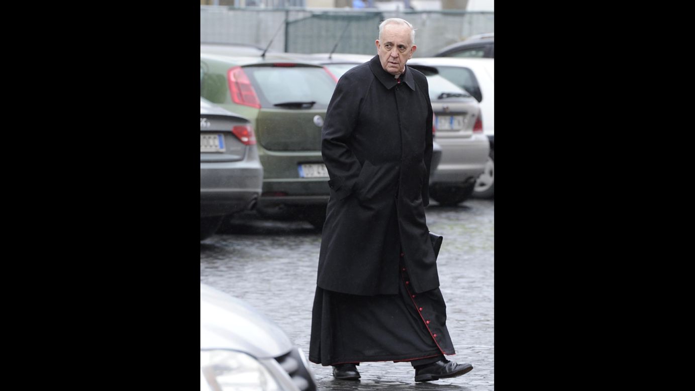 Bergoglio arrives for the congregation meeting at Synod Hall in the Vatican on March 7. 