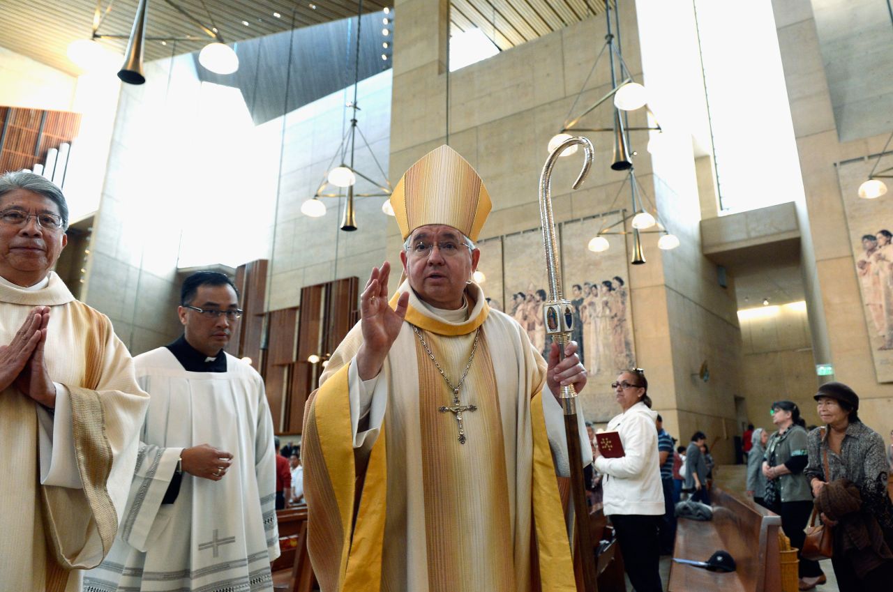 Los Angeles Archbishop Jose Gomez celebrates the midday Mass at the Cathedral of Our Lady of the Angels in recognition of the new pope.