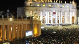 A general view shows the crowd at St Peter's Square after white smoke billowed from the chimney of the Sistine Chapel announcing that Catholic Church cardinals had elected a new pope during a conclave on March 13, 2013 at the Vatican. 