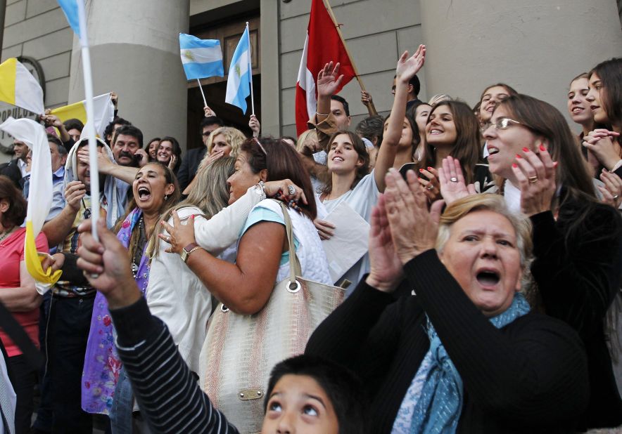 People cheer the election of Cardinal Jorge Bergoglio of Argentina as Pope Francis at the Metropolitan Cathedral in Buenos Aires on March 13.