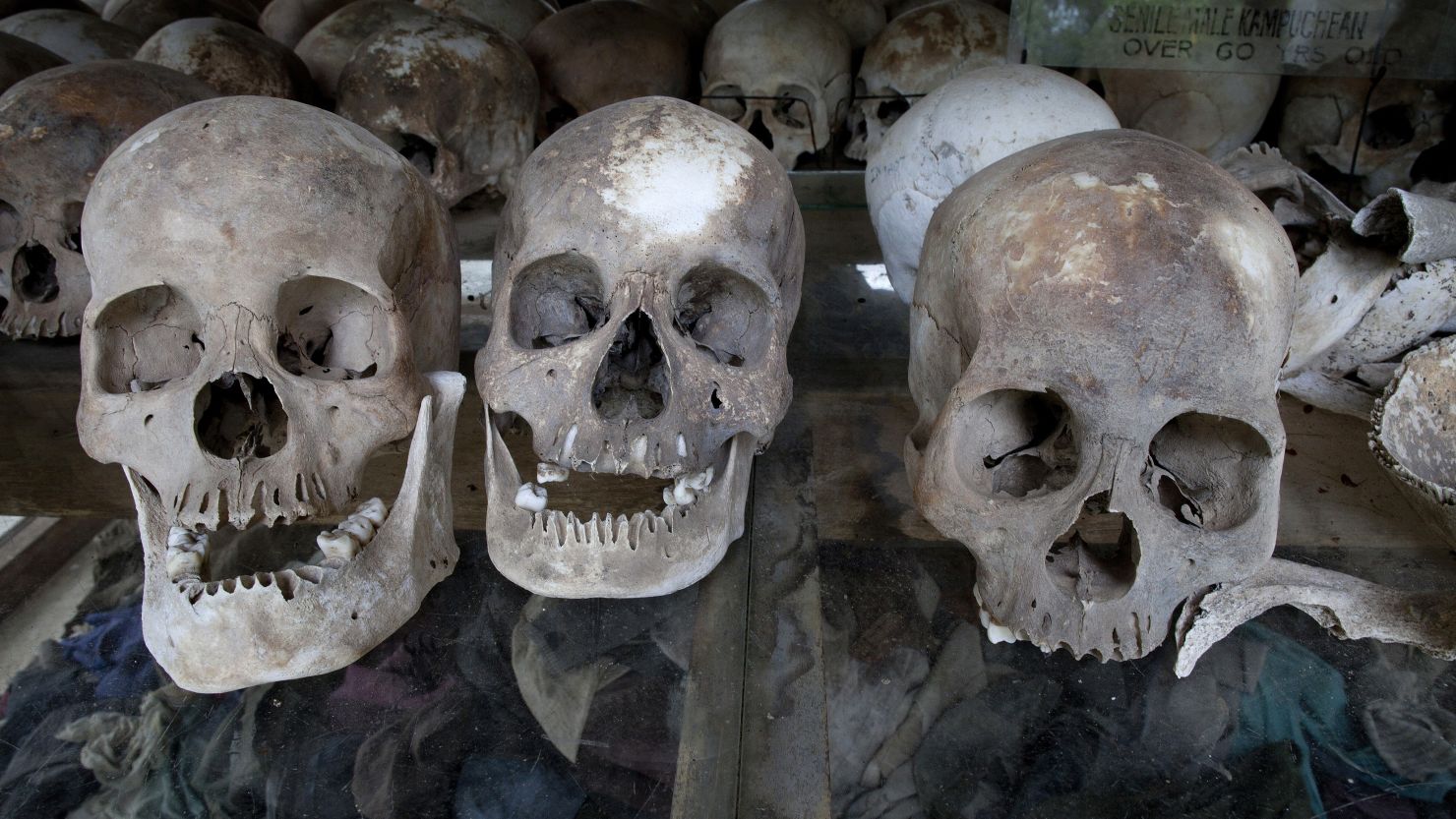 The skulls of Khmer Rouge victims on display in Cambodia. Ieng Sary, one of the regime's leaders, died Thursday while on trial.