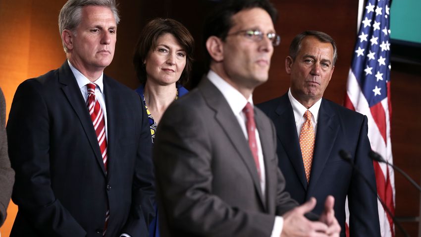 U.S. House Majority Leader Rep. Eric Cantor (R-VA) speaks during a news conference after a meeting between President Barack Obama and the House Republican Conference at the U.S. Capitol on March 13, 2013.