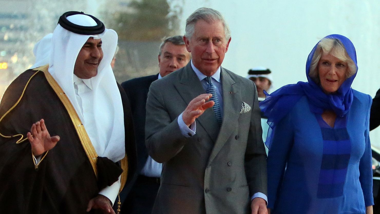 Qatar's Sheikh Abdul Rahman Bin Saud Al Thani escorts Prince Charles and his wife Camilla in Doha on Wednesday.