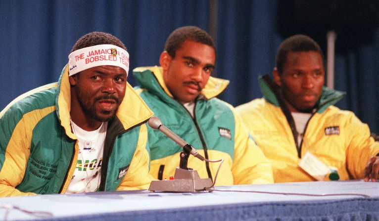 Frederick Powell (L) did the team's PR duties as they became huge stars at the 1988 Games while Michael White (C) and Allen Caswell (R) were joined by Dudley and Chris Stokes for the four-man competition that captivated the world.