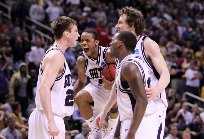 From left, Gordon Hayward, Ronald Nored, Shelvin Mack and Matt Howard of the Butler Bulldogs celebrate after defeating the Murray State Racers 54-52 in the second round of the NCAA men's basketball tournament on March 20, 2010, in San Jose, California. Butler went on to advance to the Final Four for the first time in the school's history, but they were defeated by Duke 61-59.