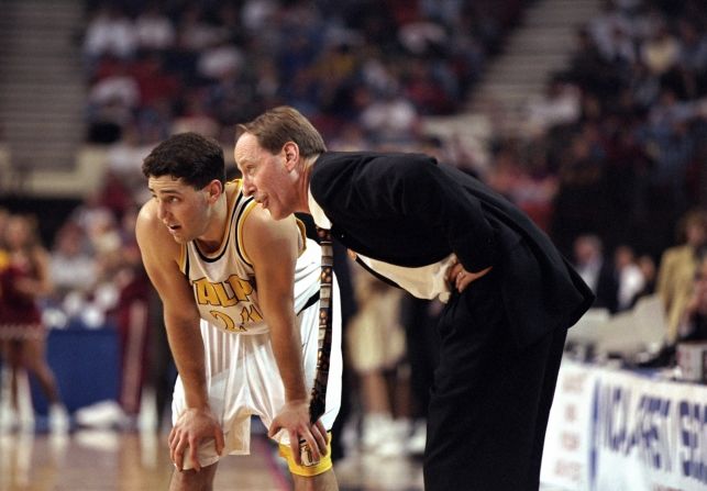 Bryce Drew of the Valparaiso Crusaders talks to father and coach Homer Drew during a Midwest Regional game against the Florida State Seminoles in the second round of the tournament in Oklahoma City on March 15, 1998. Drew sunk a three-pointer with seconds to go to beat the Seminoles 83-77.
