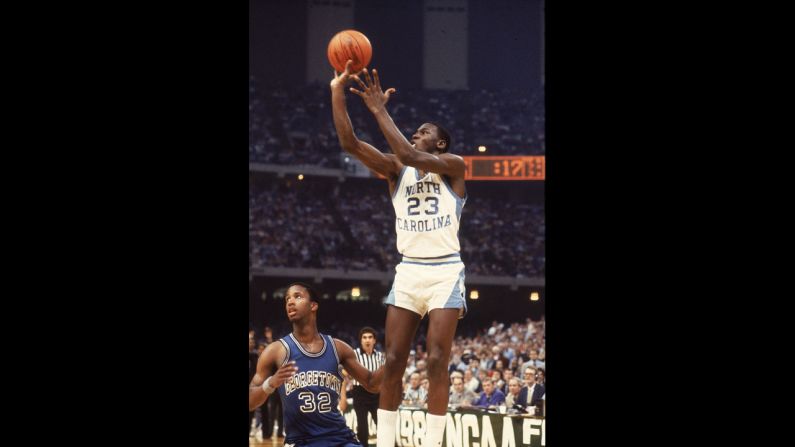 Michael Jordan of the University of North Carolina at Chapel Hill takes the game-winning shot to beat Georgetown 63-62 in the final of the NCAA tournament in New Orleans on March 29, 1982.