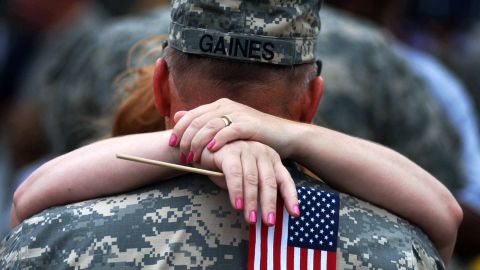 Sgt. Thomas Gaines kisses his wife during a welcome-home ceremony in Fort Stewart, Georgia, on May 11, 2006. About 280 members of the Georgia National Guard 48th Brigade returned home from a year-long deployment to Iraq.