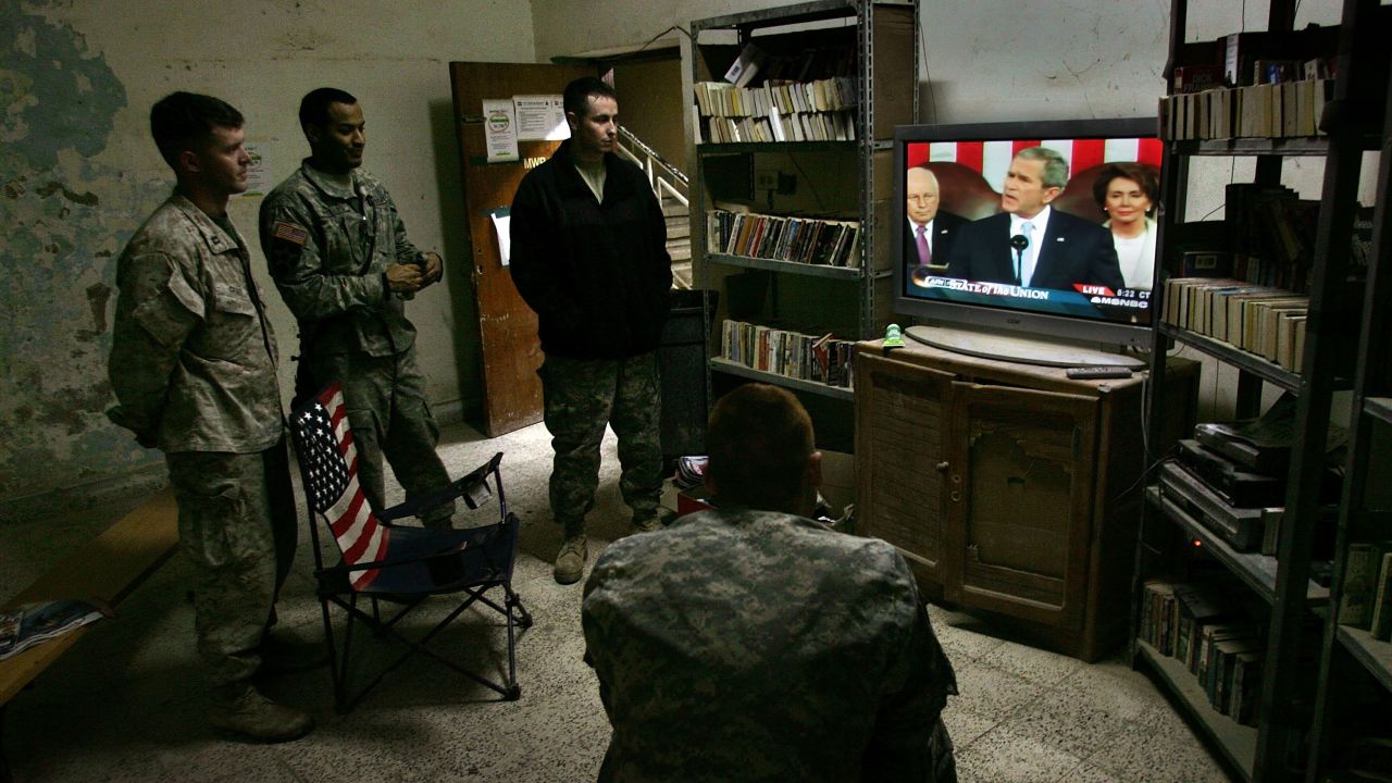 American forces in Ramadi watch President Bush deliver the annual State of the Union address on January 24, 2007. The president announced plans to increase the size of the U.S. military by 92,000 troops.
