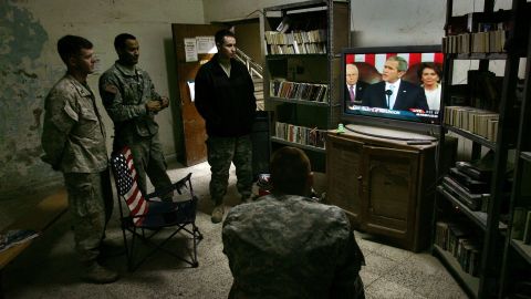 American forces in Ramadi watch President Bush deliver the annual State of the Union address on January 24, 2007. The president announced plans to increase the size of the U.S. military by 92,000 troops.