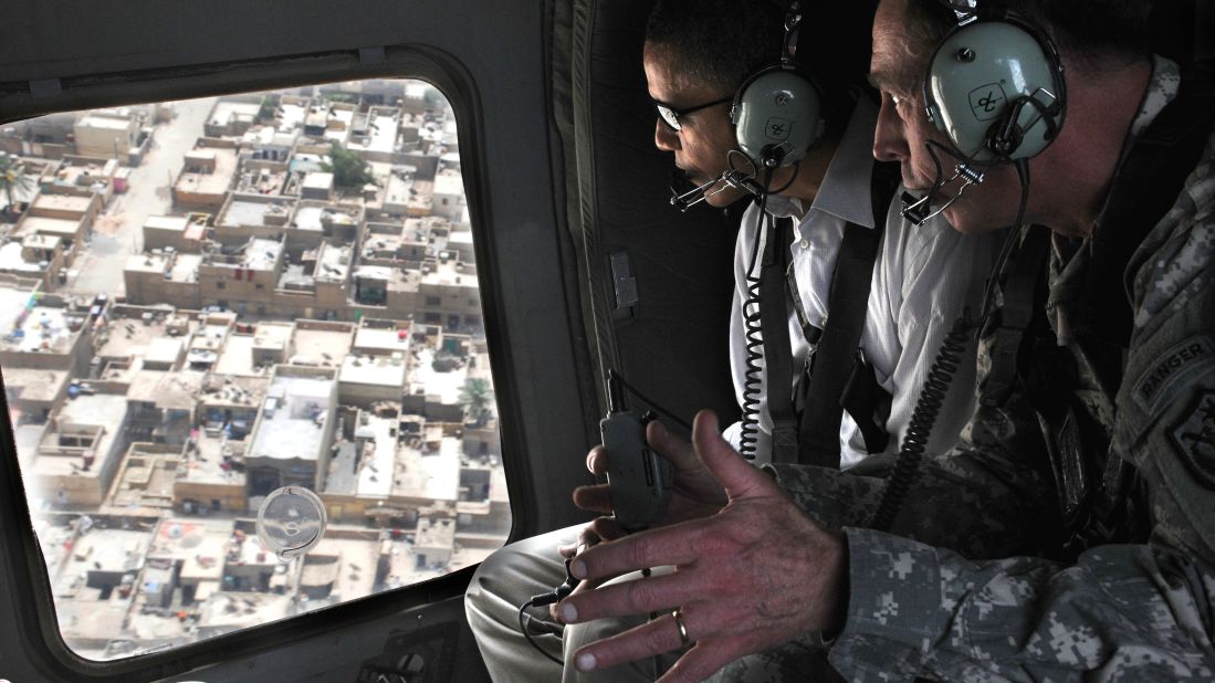 Democratic presidential candidate Sen. Barack Obama flies over Baghdad with Gen. David Petraeus during a tour on July 21, 2008.