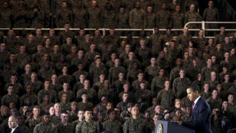President Barack Obama delivers an address on February 27, 2009, at the largest Marine post on the East Coast, Camp Lejeune in North Carolina. In his speech, Obama outlined plans for the gradual withdrawal of U.S. troops in Iraq.