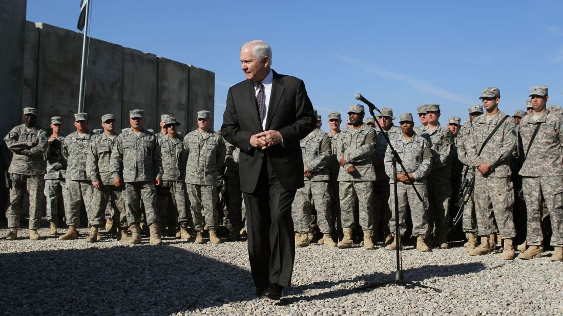Secretary of Defense Robert Gates speaks with soldiers at a forward operating base in Kirkuk on December 11, 2009.
