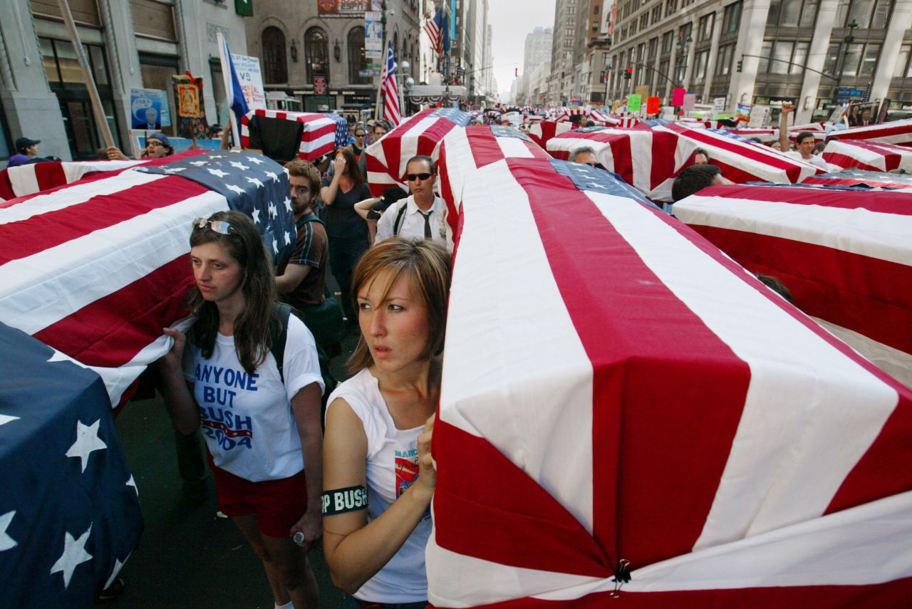 Anti-war protesters in New York carry mock coffins draped with U.S. flags on August 29, 2004. Thousands took part in demonstrations outside Madison Square Garden on the eve of the Republican National Convention.