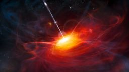 Some of the most breathtaking images in the night sky come from quasars. This artist's rendering displays the quasar's luminance, which is brighter than a billion suns. The beam is matter being shot into space.