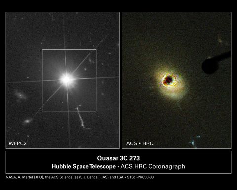 This Hubble Telescope image of a quasar shows the phenomenon as an infrared and monochrome image.