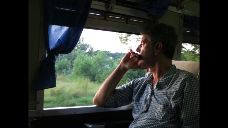 Anthony Bourdain rides on the train to Bagan, Myanmar. 