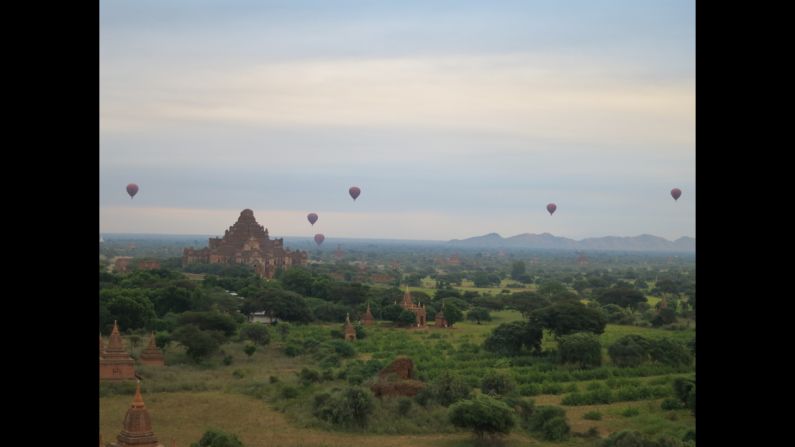 Hot air balloons float over the temples scattered throughout Bagan.