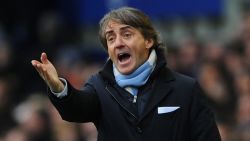 Manchester City Manager Roberto Mancini reacts during the Barclays Premier League match between Everton and Manchester City at Goodison Park on March 16, 2013 in Liverpool, England. (Photo by Michael Regan/Getty Images