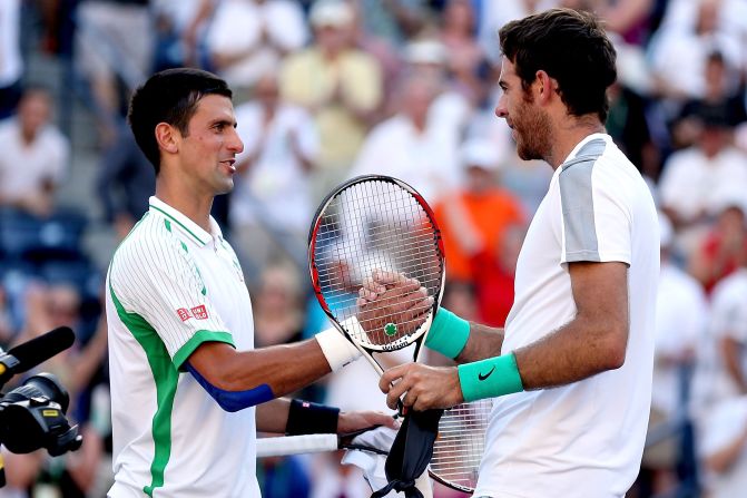 World No.1 Novak Djokovic congratulates Argentina's Juan Martin del Potro on his 4-6 6-4 6-4 victory at Indian Wells. Del Potro will face Rafael Nadal in Sunday's final.