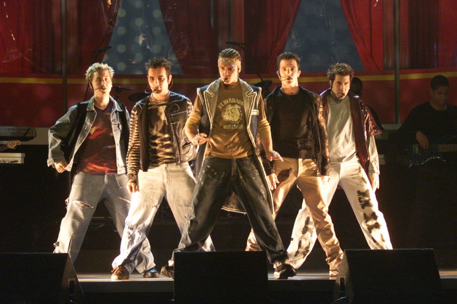 The band 'N Sync performs at the 2000 MTV Movie Awards. "No Strings Attached" finished as the best-selling album of 2000. The song "Bye Bye Bye" was nominated for Song of the Year at the Grammy Awards.