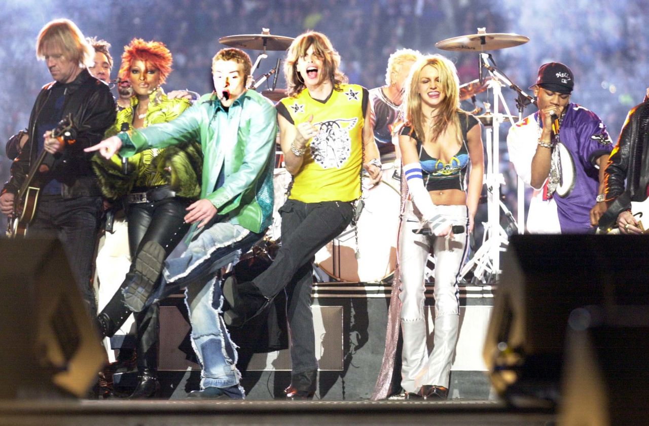 From left, Timberlake, Steven Tyler, Spears and Nelly perform during the 2001 Super Bowl halftime show.