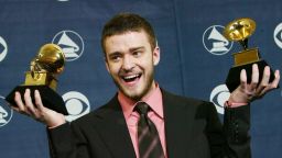 LOS ANGELES - FEBRUARY 8: Singer Justin Timberlake poses with his Grammys backstage in the Pressroom at the 46th Annual Grammy Awards held at the Staples Center on February 8, 2004 in Los Angeles, California. (Photo by Frederick M. Brown/Getty Images)