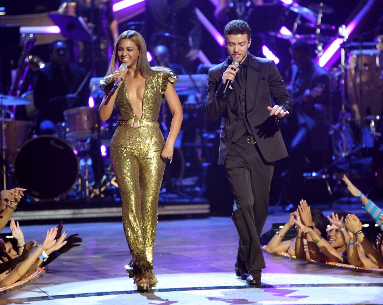 In 2008, Timberlake and Beyonce perform at Conde Nast Media Group's Fashion Rocks event in New York.
