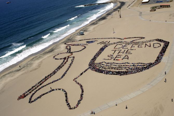 Los Angeles, June 2012: More than 5,000 children, teachers and volunteers form a massive kid-designed shark and shield on World Oceans Day. This year's event takes place on June 8.