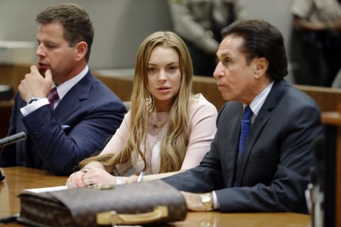 Lohan appears in court with her attorneys Anthony Falangetti, left, and Mark Heller in Los Angeles in March 2013. She entered pleas of no contest on two misdemeanor charges relating to a 2012 traffic accident, and she did not challenge the finding that she violated her shoplifting probation with those convictions.