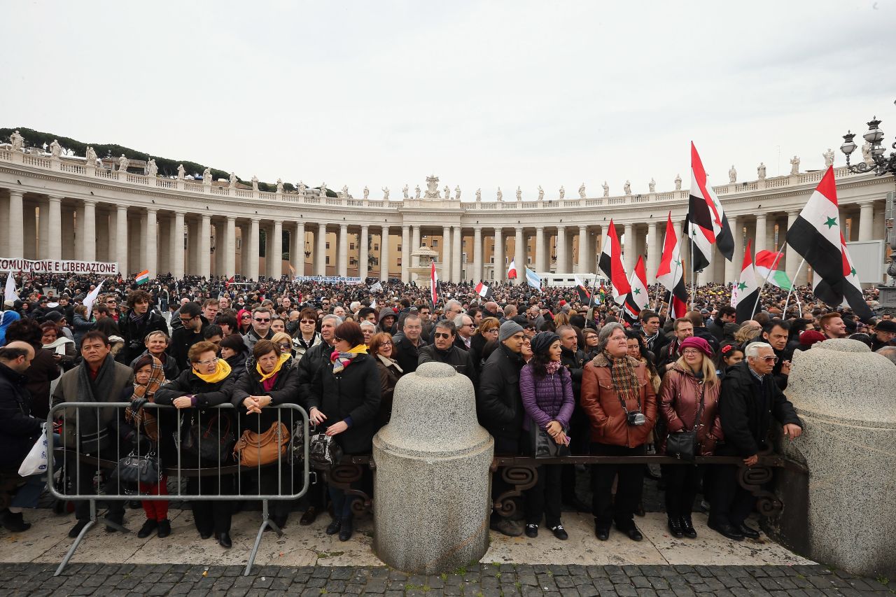 Crowds gather in St Peter's Square ahead of Pope Francis' arrival for his inauguration Mass in Vatican City on Tuesday, March 19. Some 150,000 to 200,000 people turned out, a Vatican spokesman said.