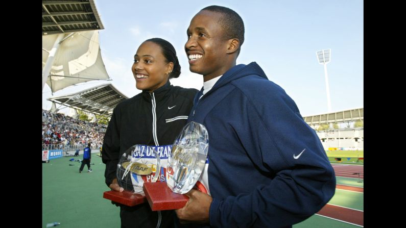 Track stars Marion Jones and Tim Montgomery went from power couple to notorious dopers after admitting to using performance-enhancing drugs in 2007. They had a child together, Tim, Jr., and have since split. Pictured, Jones and Montgomery pose with their trophies after their races, on September 14, 2002, during the IAAF Grand-Prix Final at Paris' Charlety Stadium.