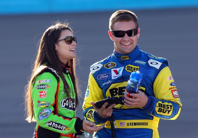NASCAR drivers Danica Patrick and Ricky Stenhouse Jr. got the nickname "<a href="index.php?page=&url=http%3A%2F%2Fbleacherreport.com%2Farticles%2F1538184-does-danica-patrick-and-ricky-stenhouse-jrs-relationship-matter-on-the-track" target="_blank" target="_blank">Stenica</a>" after they made their relationship public. The couple will be competing against each other for the Sprint Cup this year. Pictured, the two talk during the Sprint Cup Series Subway Fresh Fit 500 in March 2013.