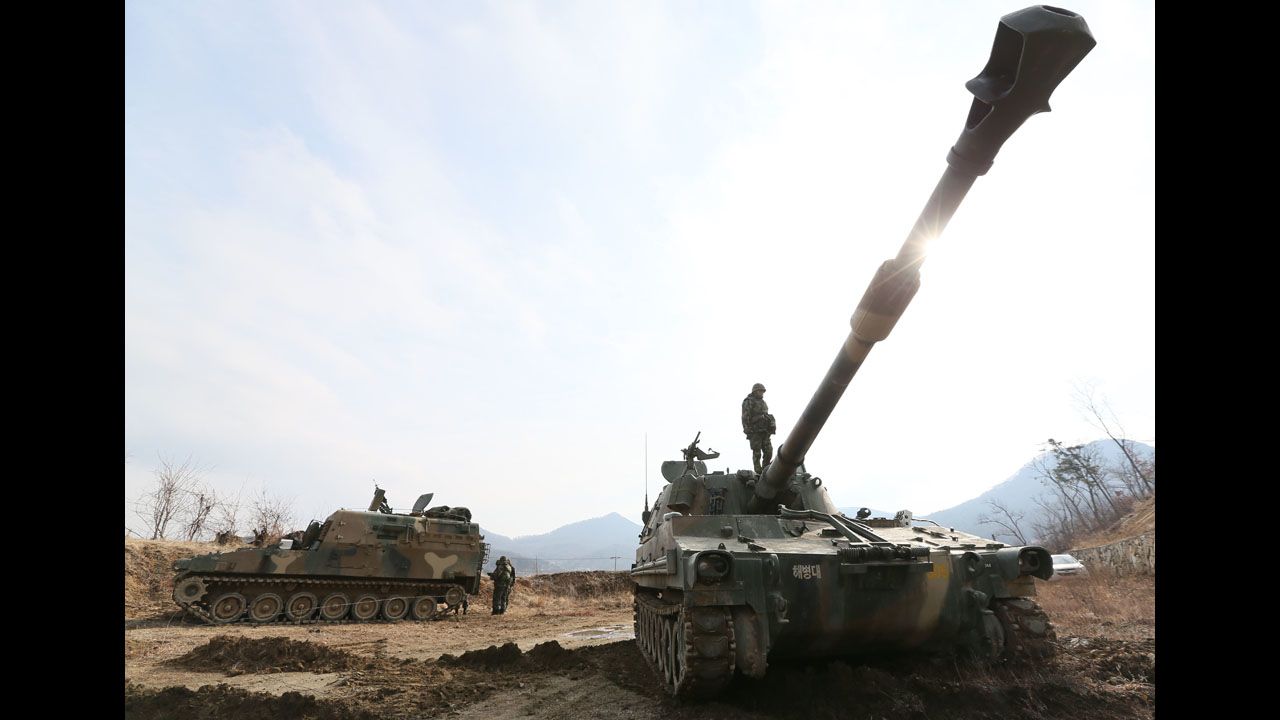 South Korean Marines operate K-55 self-propelled howitzers on the western island of Ganghwa near the disputed maritime frontier with North Korea on Wednesday, March 13.